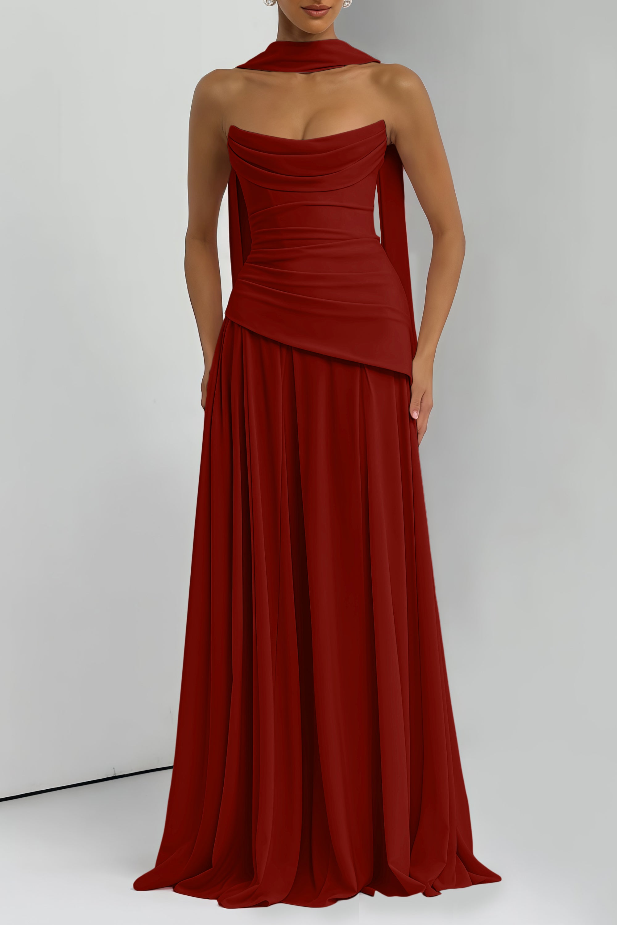 فستان طويل من الشيفون بدون أكمام بلون بورجوندي روماني