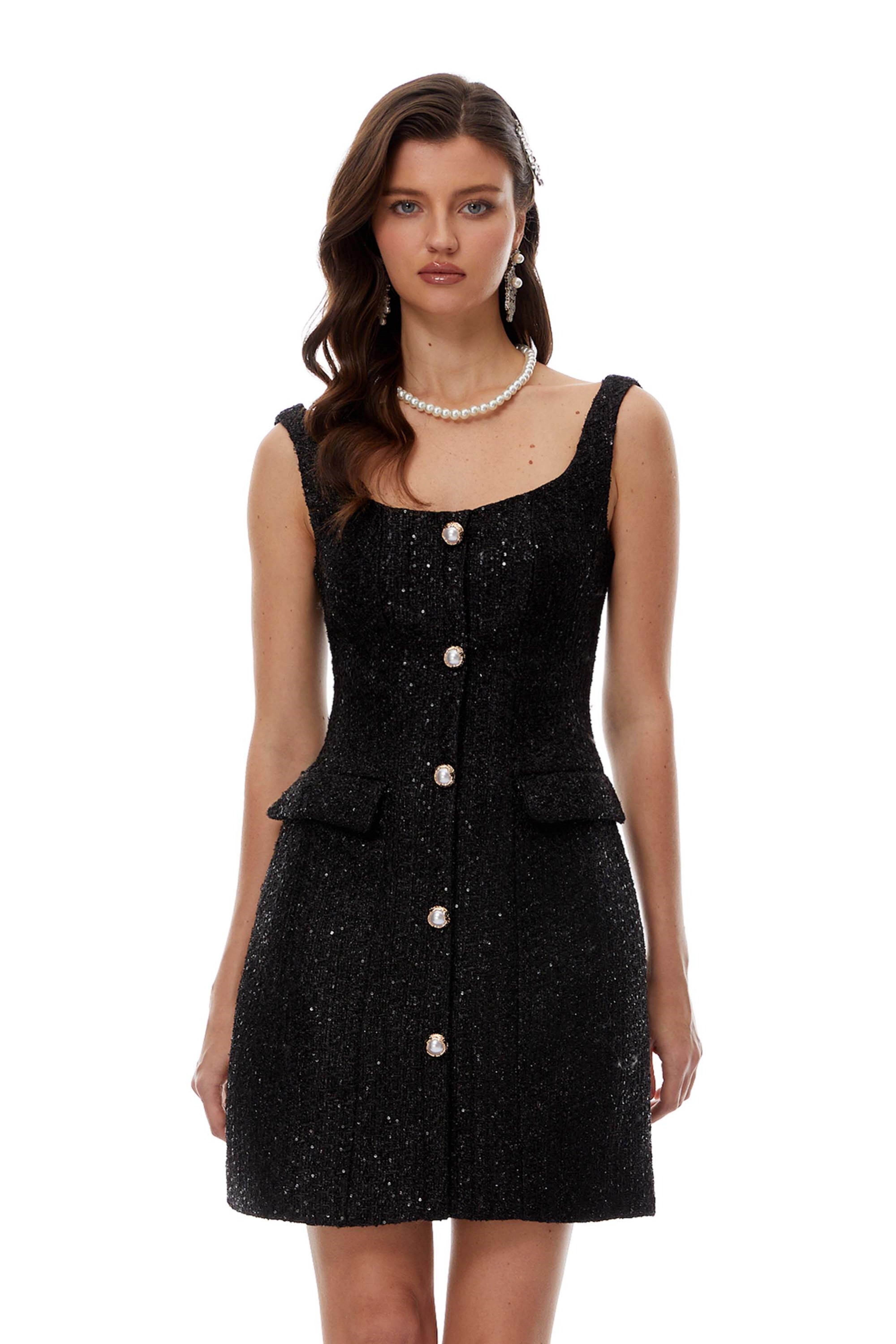 فستان قصير من التويد برقبة مربعة باللون الأسود من Arna