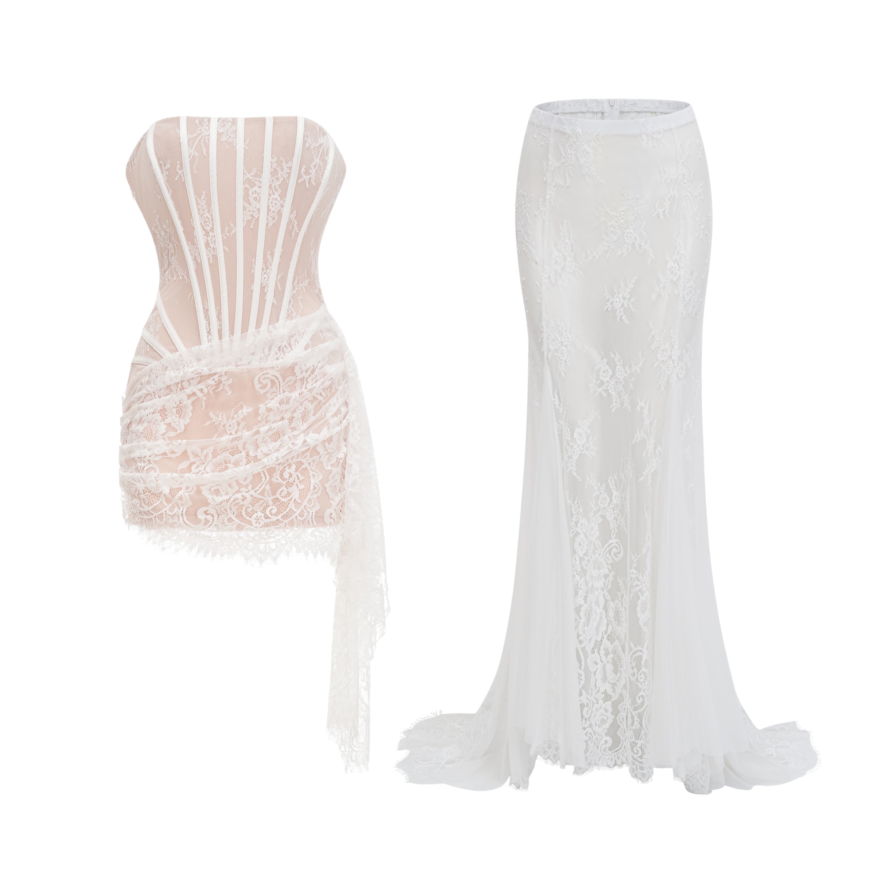 مجموعة فستان وتنورة من الدانتيل الأبيض المزين بالزهور من Margherita