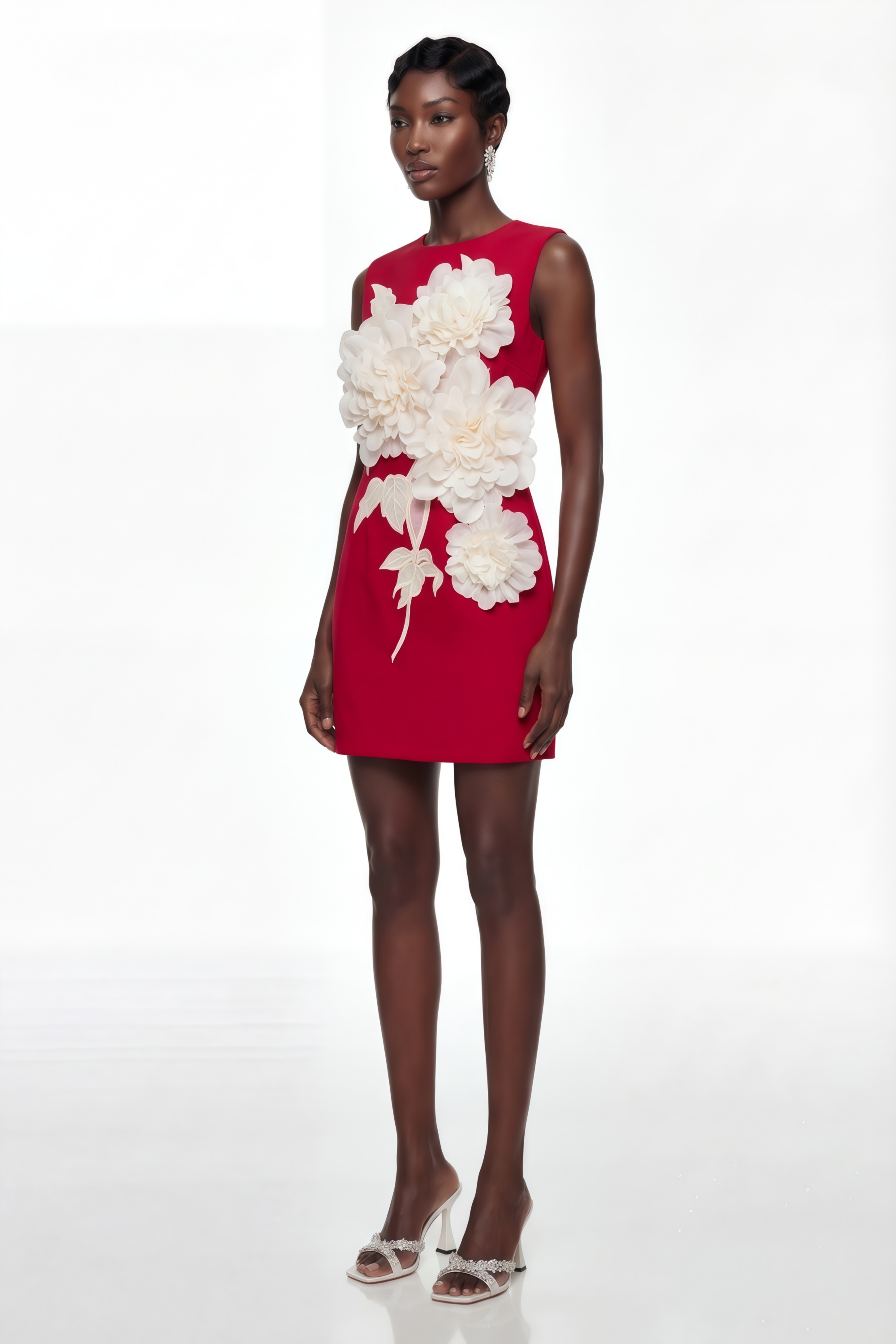 فستان قصير بزهور ثلاثية الأبعاد بلون أحمر توريل