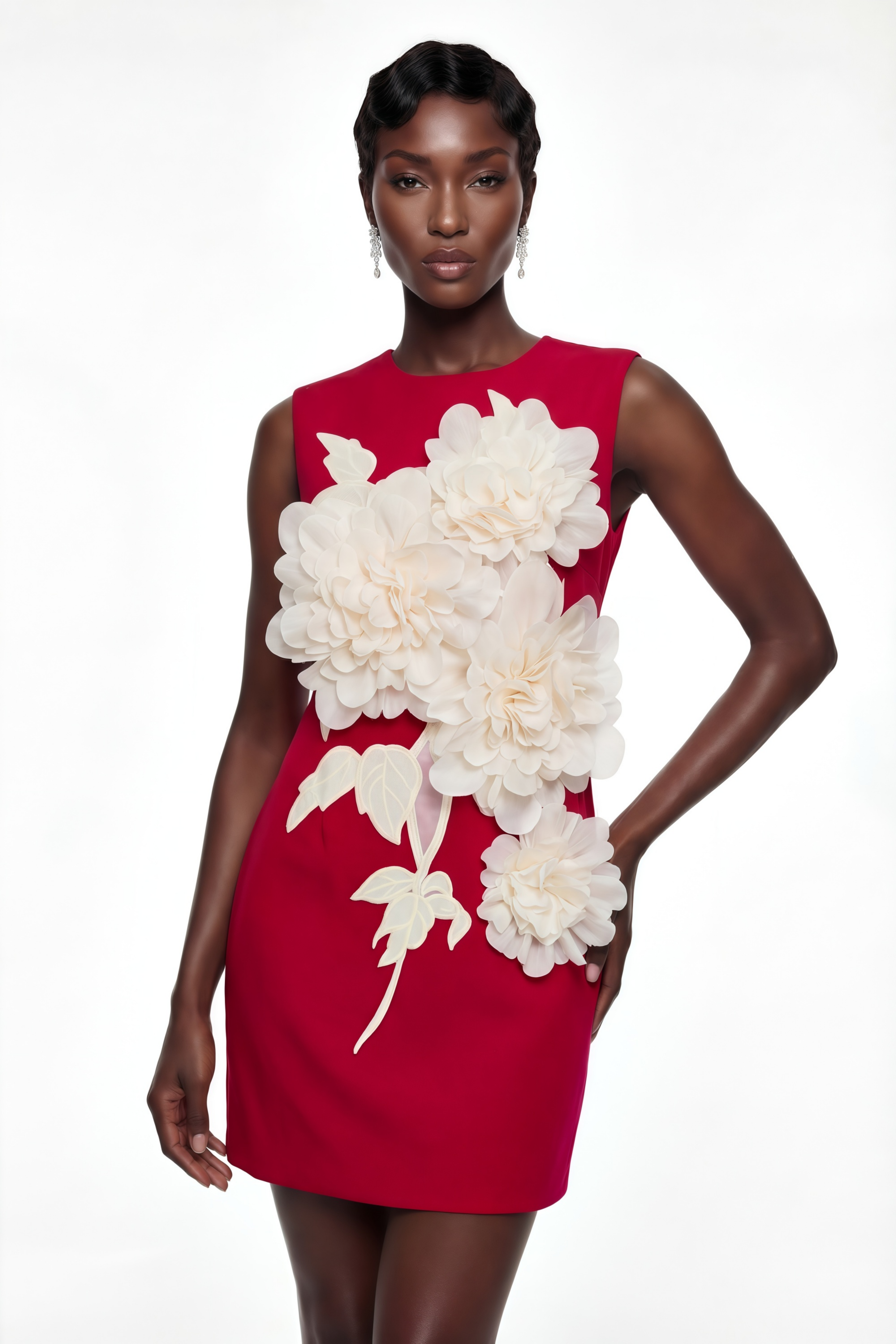 فستان قصير بزهور ثلاثية الأبعاد بلون أحمر توريل