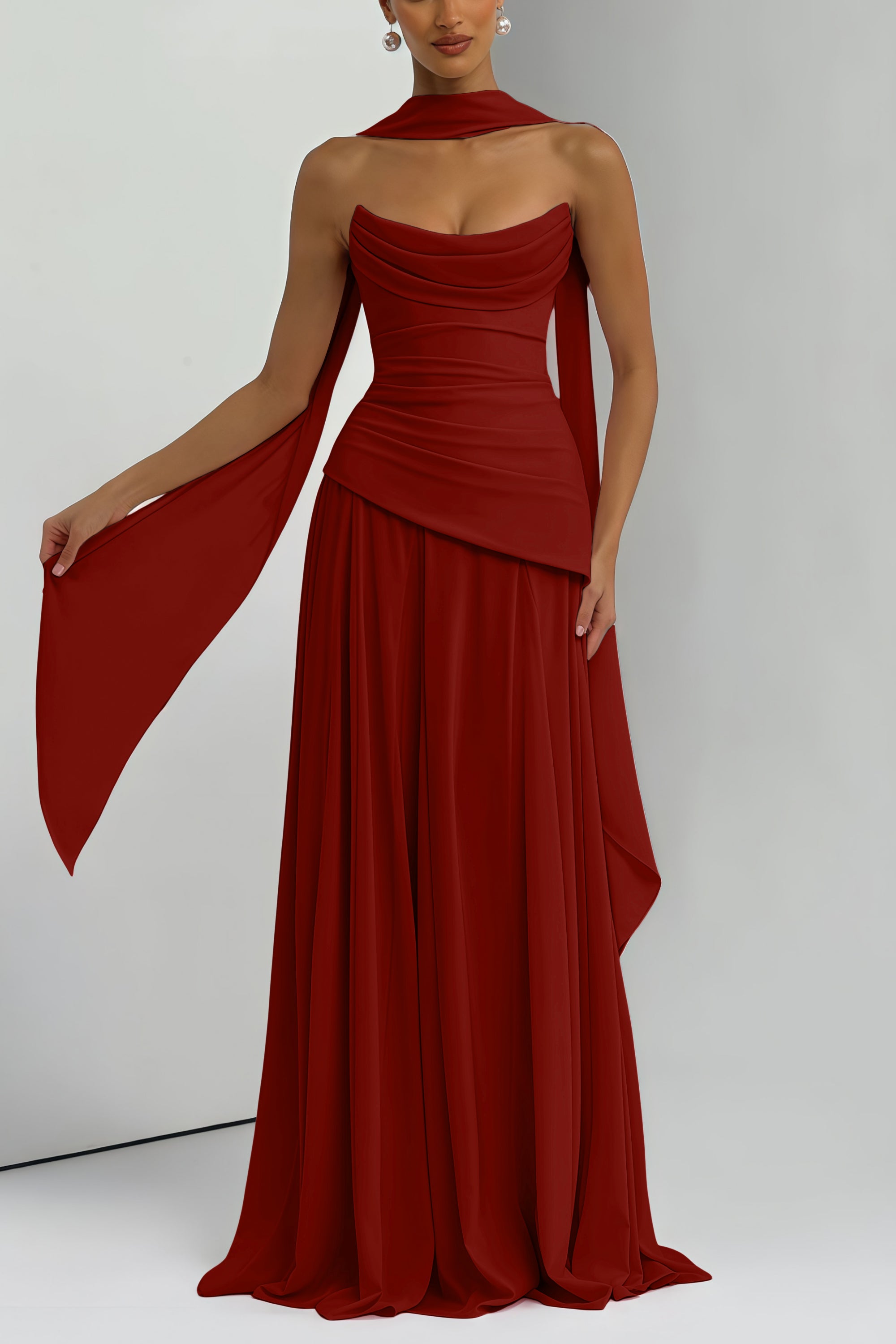 فستان طويل من الشيفون بدون أكمام بلون بورجوندي روماني