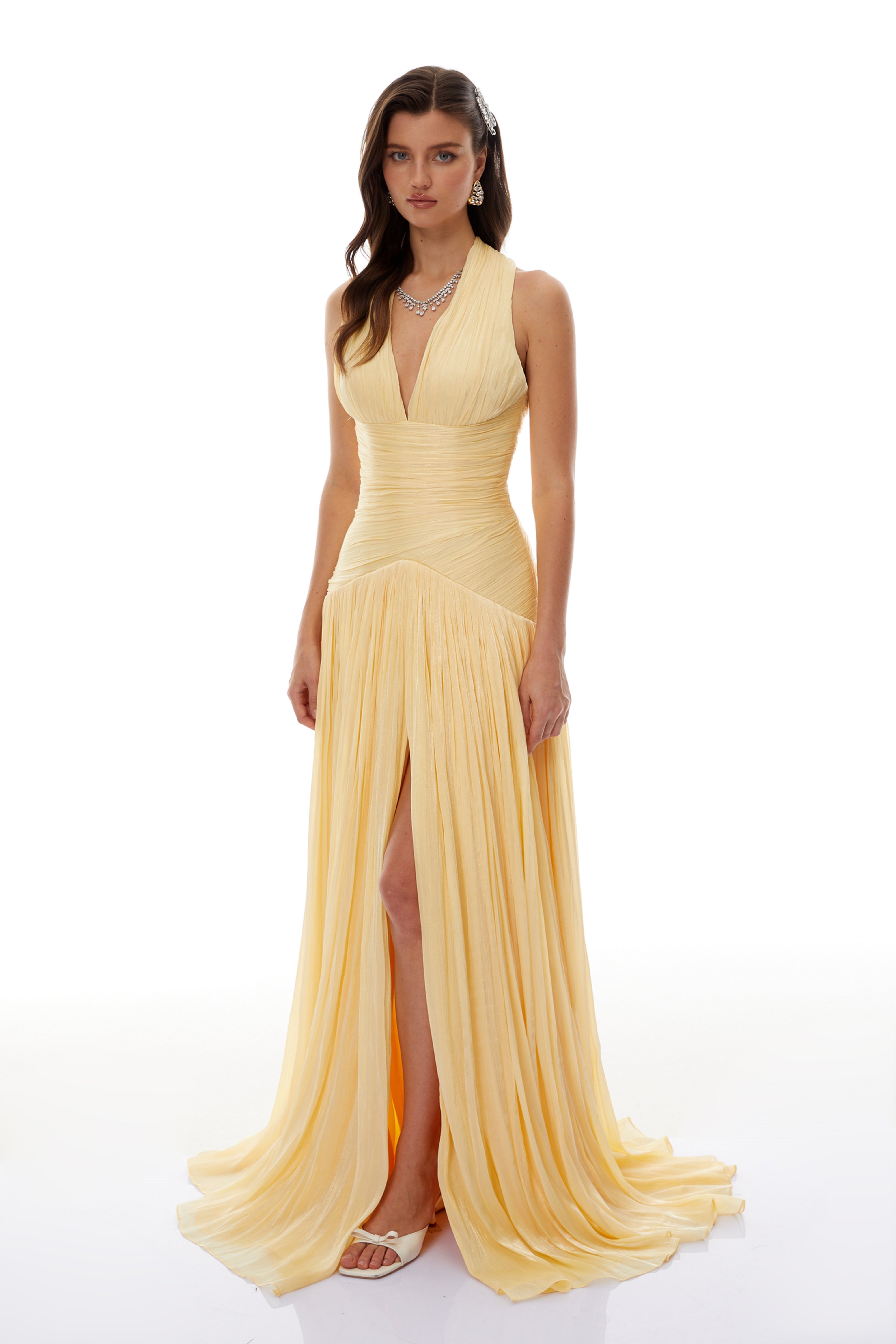 فستان ماكسي أصفر مجمّع