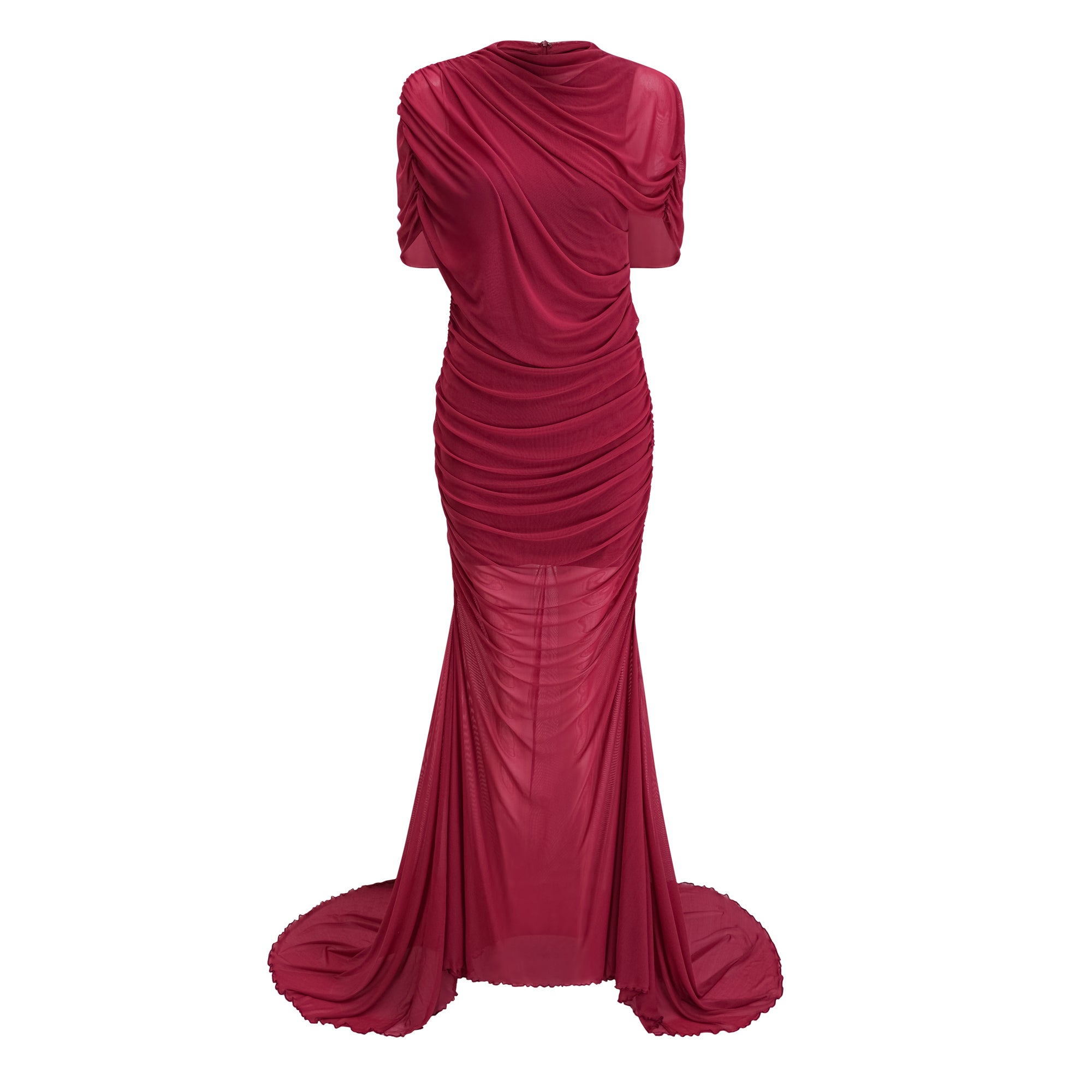 فستان طويل غير متماثل من الشبك المكشكش باللون الأحمر من Sylphe