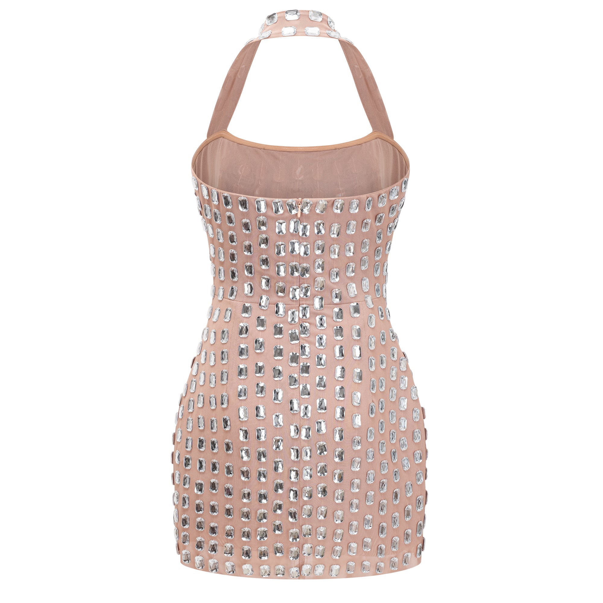 فستان قصير من جوستينا سيلفر برقبة حلقية وعقدة في الأمام ومزين بالكريستال