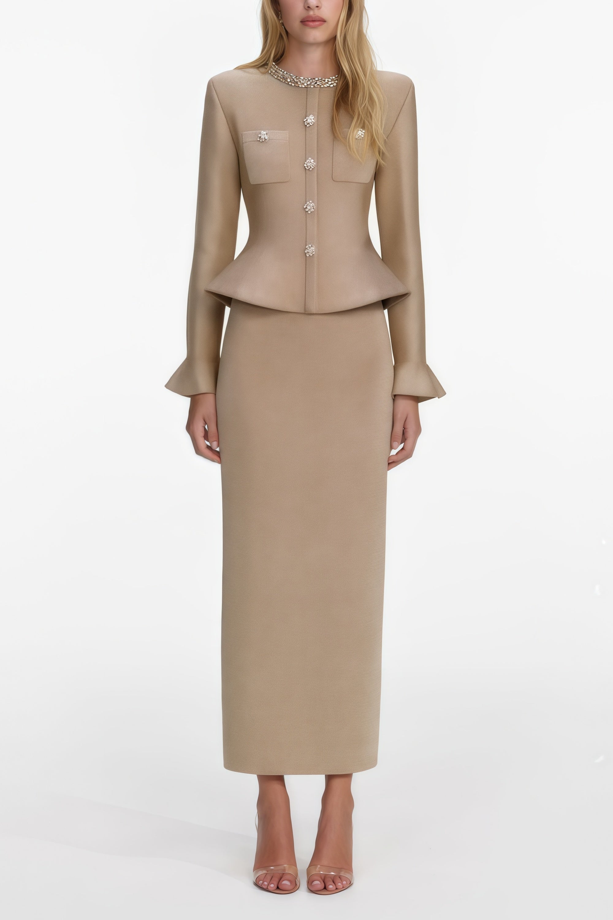 فستان ميدي منسوج مزين بالكريستال الذهبي من Kayla